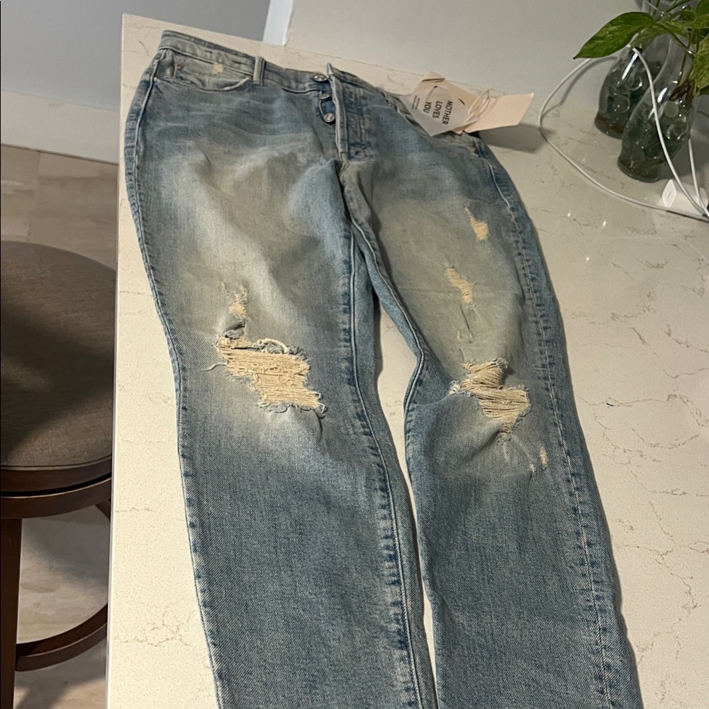 MOTHER Light Blue Distressed Slim Jeans